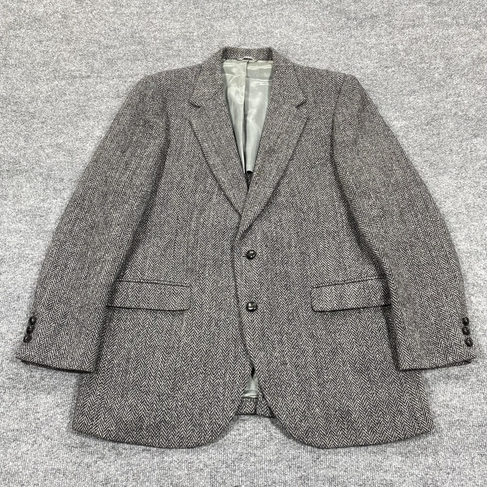Harris Tweed Sport Coat Mens 44 Gray Herringbone Wool Two Button Lined